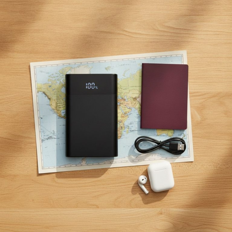 Batterie externe posee sur une carte du monde a cote d'un passeport